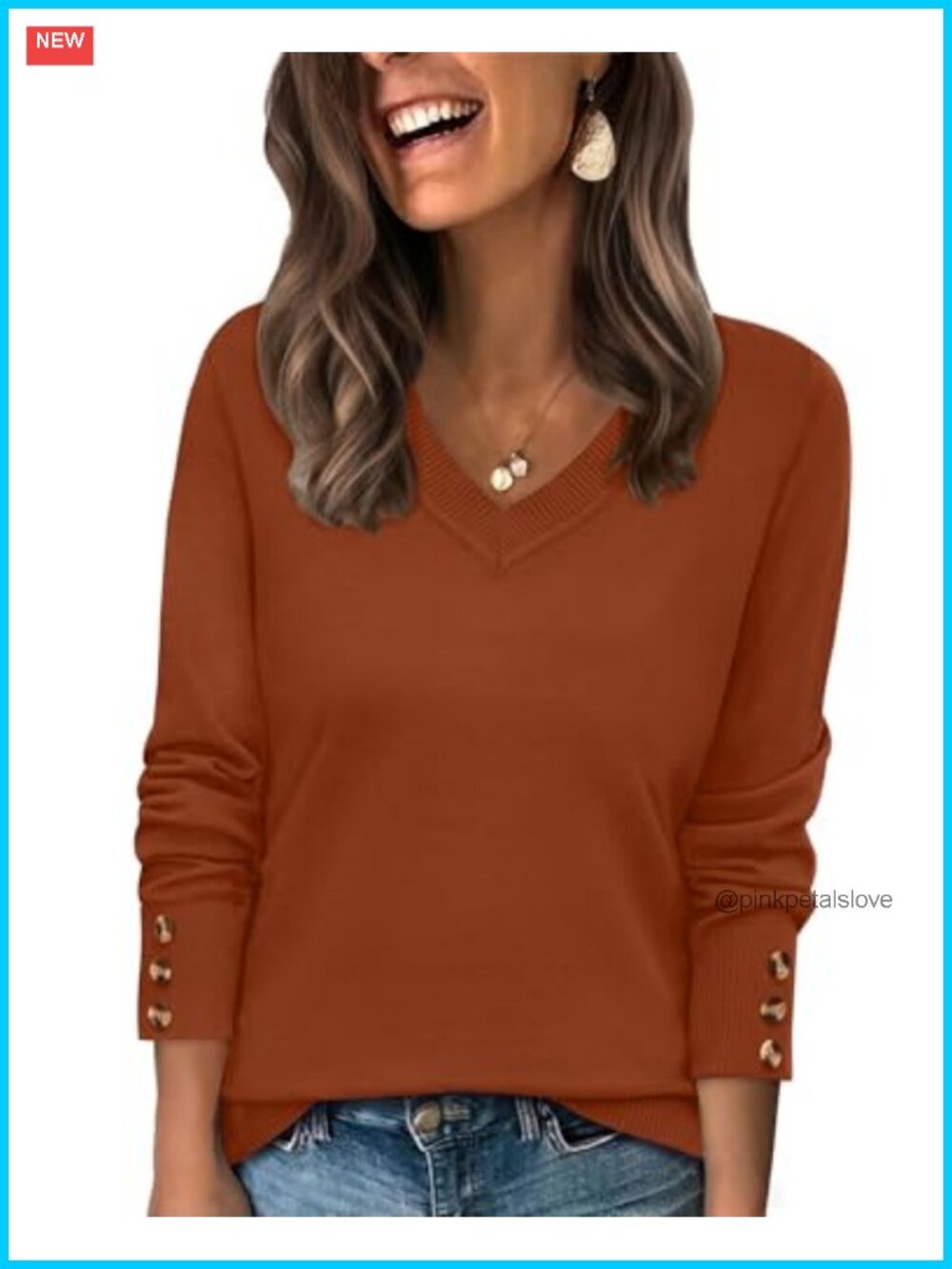 WIHOLL Women's V-Neck Knit Sweater Pullover with Button Cuffs